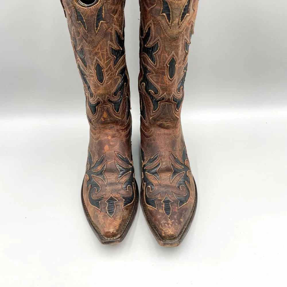 Johnny Ringo Womens 7 Brown Leather Black Lizard Inlay Western Cowboy Boots Boho